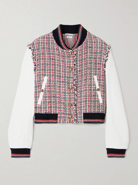  Thom Browne   Cropped Frayed Tweed And Leather Bomber Jacket   Multi 