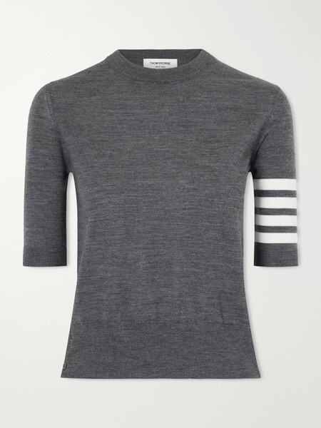  Thom Browne   Grosgrain Trimmed Striped Wool Blend Sweater   Gray 