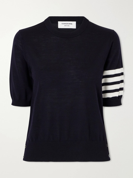  Thom Browne   Grosgrain Trimmed Striped Wool Blend Sweater   Navy 