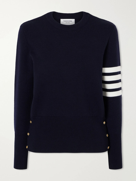  Thom Browne   Grosgrain Trimmed Striped Wool Sweater   Navy 