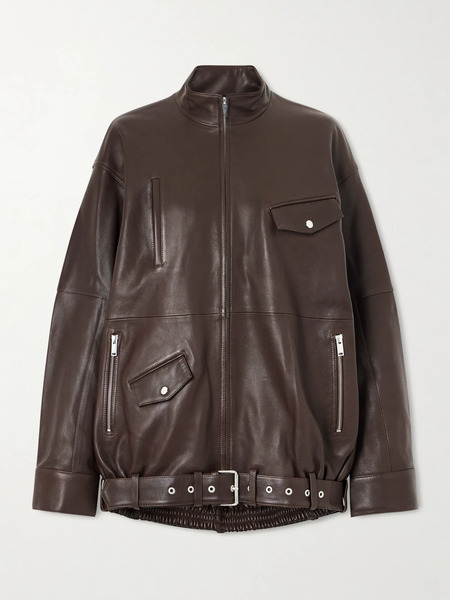  Tibi   Belted Leather Bomber Jacket   Brown 