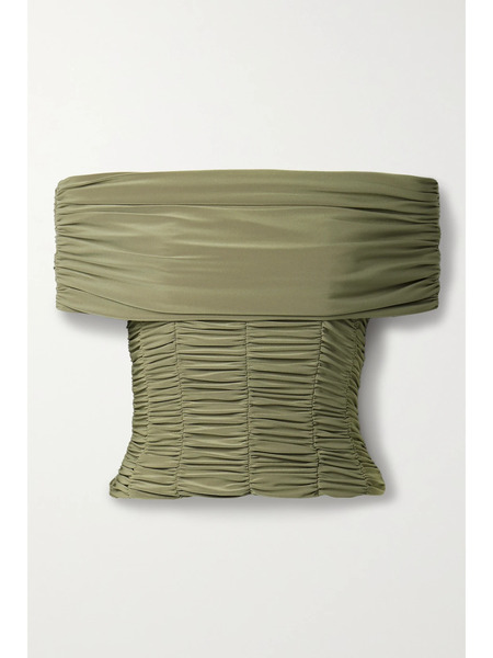  Tibi   Convertible Off The Shoulder Ruched Jersey Top   Gray Green 