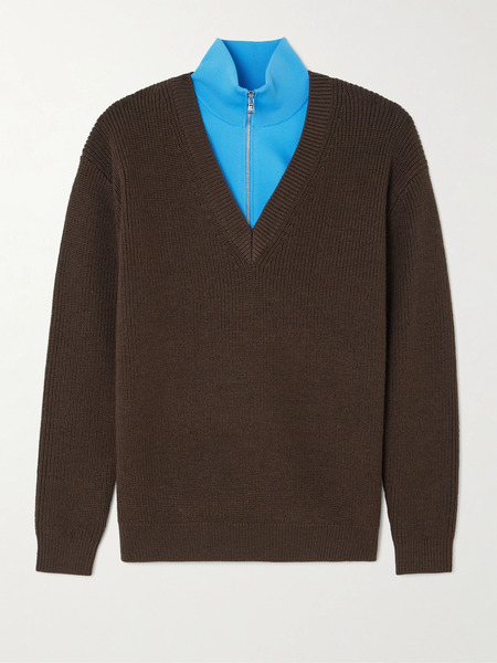  Tibi   Layered Knit Trimmed Ribbed Wool Blend Half Zip Sweater   Brown 