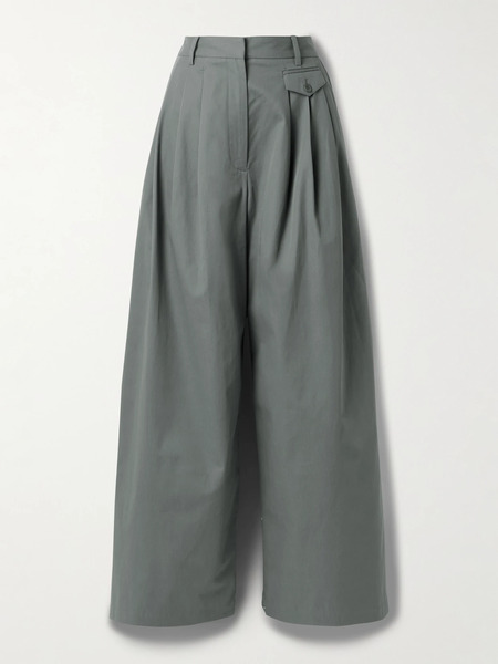  Tibi   Pleated Cotton Twill Wide Leg Pants   Gray 