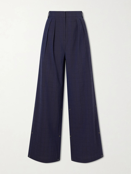  Tibi   Stella Pleated Checked Wool And Cotton Blend Wide Leg Pants   Navy 