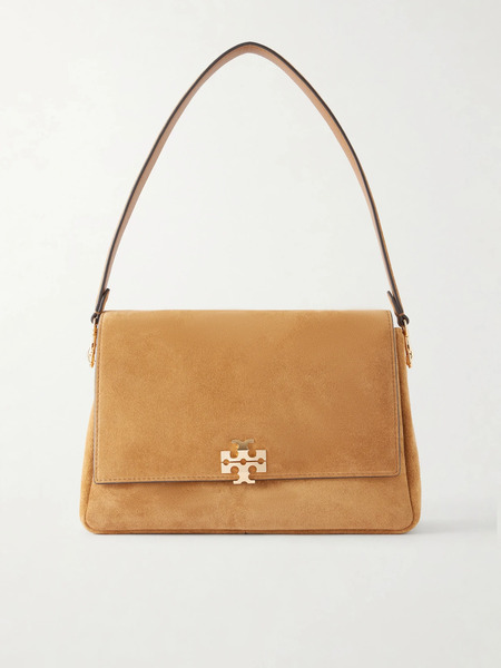  Tory Burch   Charlie Logo Embellished Suede Shoulder Bag   Camel 