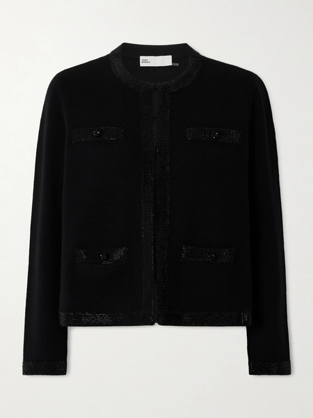  Tory Burch   Kendra Crystal Embellished Wool Blend Cardigan   Black 