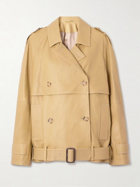  Toteme   Double Breasted Belted Layered Leather Jacket   Sand 