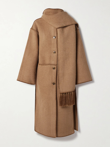  Toteme   Draped Fringed Wool Blend Bouclé Coat   Camel 