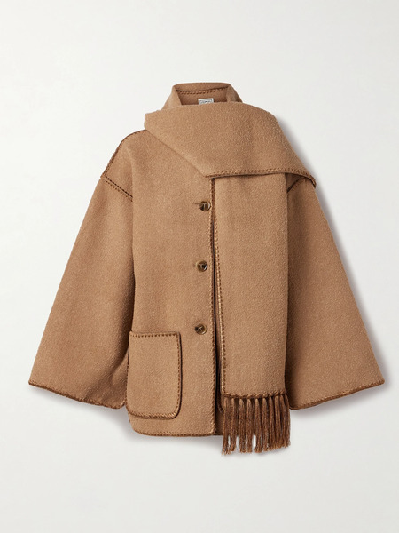  Toteme   Draped Fringed Wool Blend Bouclé Jacket   Camel 