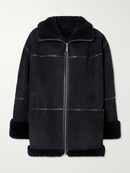  Toteme   Leather Trimmed Shearling Jacket   Navy 