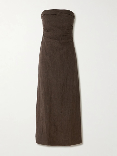  Tove   Sabella Strapless Gathered Linen Midi Dress   Brown 