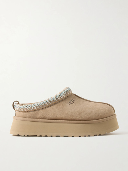  Ugg   Tazz Wool Blend Fleece Lined Embroidered Suede Platform Slippers   Sand 