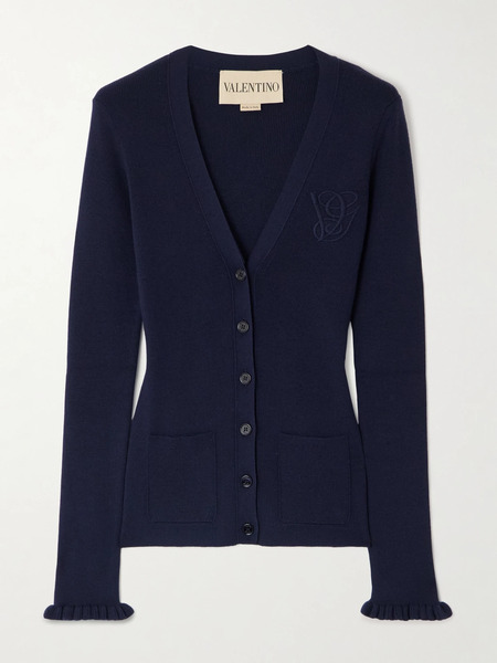  Valentino Garavani   Embroidered Wool Cardigan   Navy 
