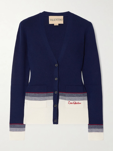  Valentino Garavani   Striped Embroidered Wool Cardigan   Navy 