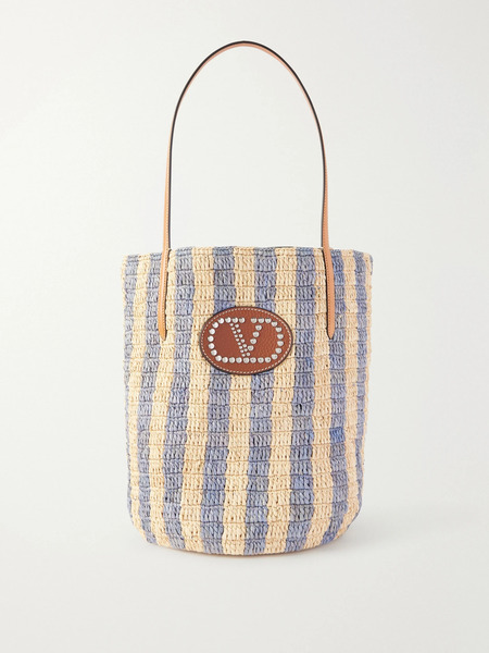  Valentino Garavani   Vlogo Signature Small Embellished Leather Trimmed Striped Raffia Bucket Bag   Light Blue 