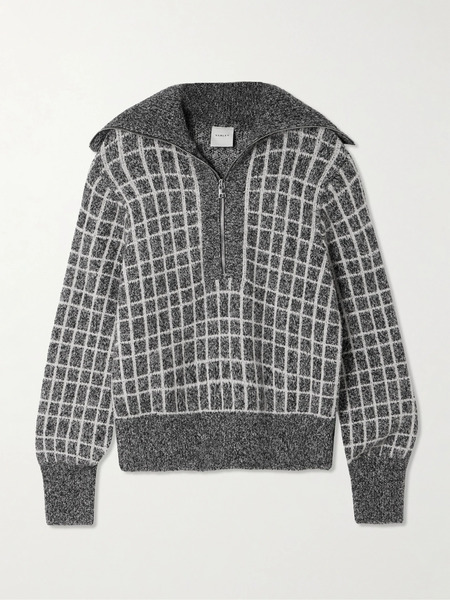  Varley   Furley Checked Cotton Blend Bouclé Half Zip Sweater   Gray 