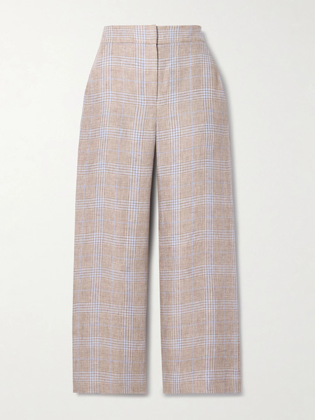  Veronica Beard   Brixton Cropped Checked Linen Wide Leg Pants   Brown 