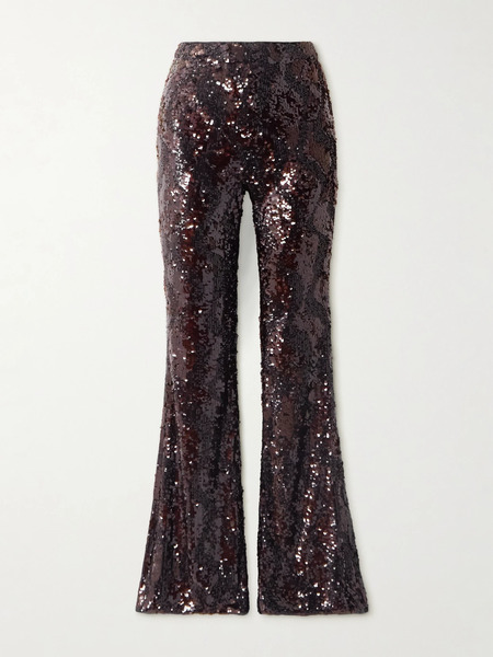  Veronica Beard   Collier Sequined Satin Flared Pants   Brown 