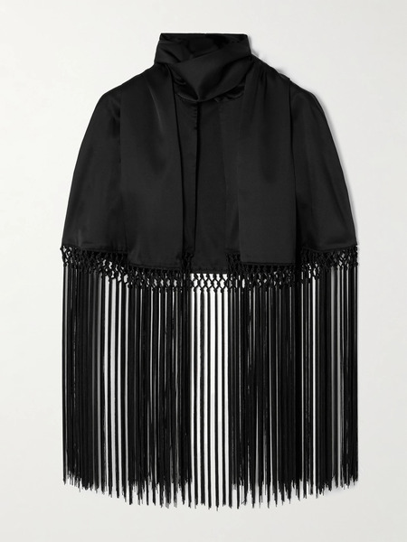  Veronica De Piante   Lydia Cropped Fringed Silk Charmeuse Cape   Black 