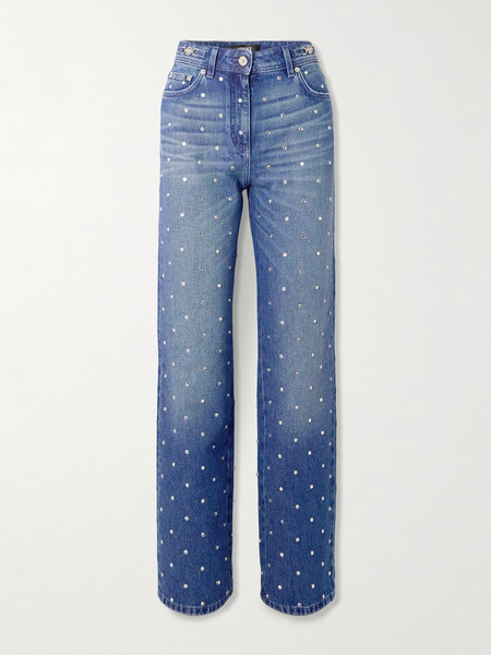  Versace   Crystal Embellished Mid Rise Straight Leg Jeans   Blue 