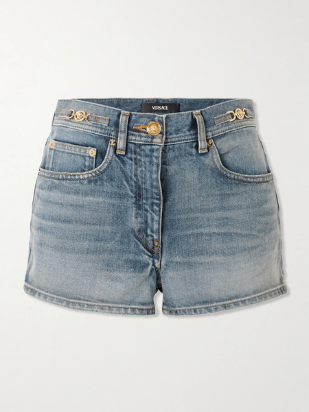  Versace   Embellished Denim Shorts   Mid Denim 