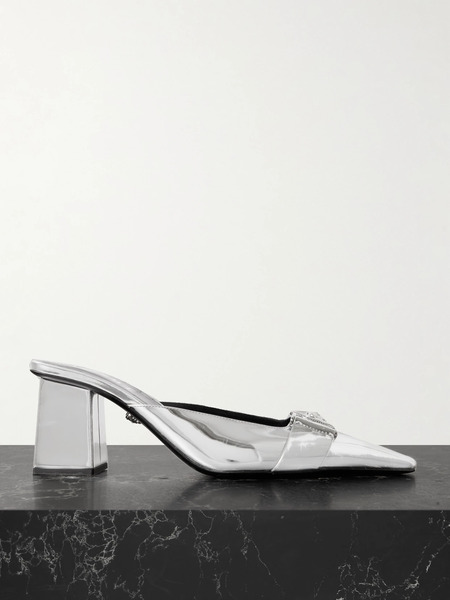  Versace   Embellished Mirrored Leather Mules   Silver 