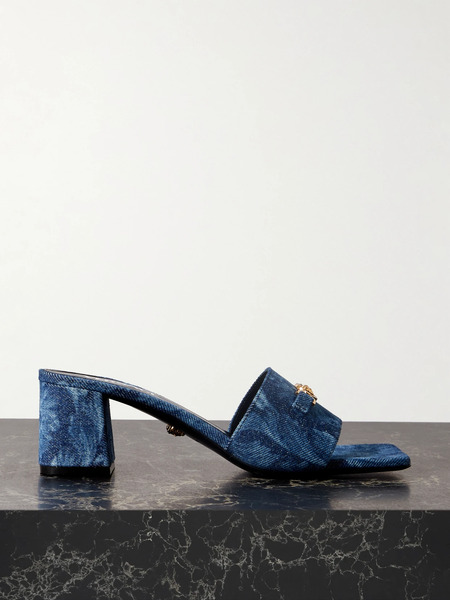  Versace   Embellished Printed Denim Mules   Blue 