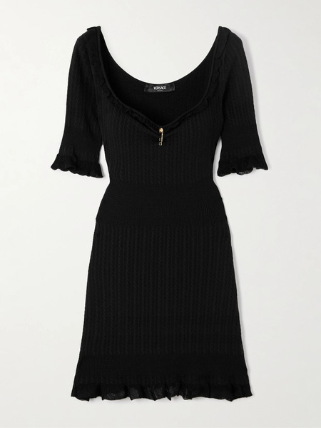  Versace   Embellished Ruffled Cable Knit Wool Blend Mini Dress   Black 
