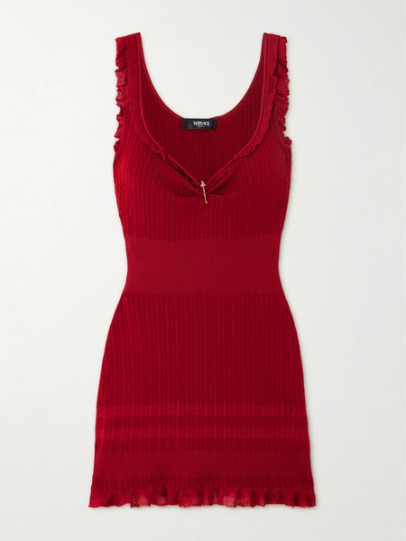  Versace   Embellished Ruffled Cable Knit Wool Blend Mini Dress   Red 