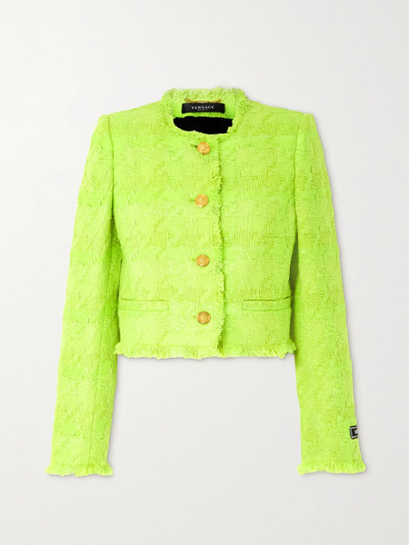  Versace   Fringed Metallic Checked Wool Blend Tweed Jacket   Bright Green 