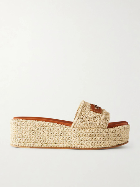 Versace   Logo Embellished Raffia Platform Slides   Neutral 
