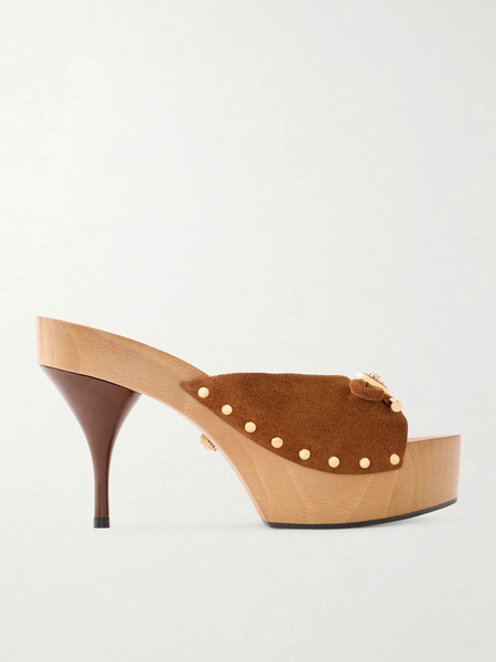 Versace   Opera Bow Embellished Suede Clogs   Chocolate 