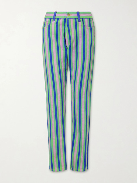  Versace   Striped Paneled Mid Rise Straight Leg Jeans   Light Denim 