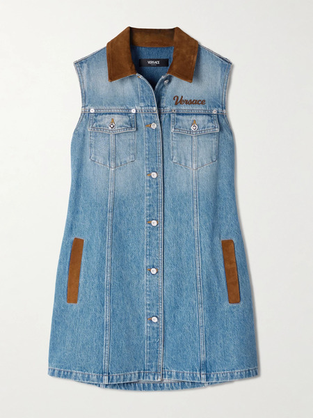  Versace   Suede Trimmed Denim Mini Dress   Mid Denim 