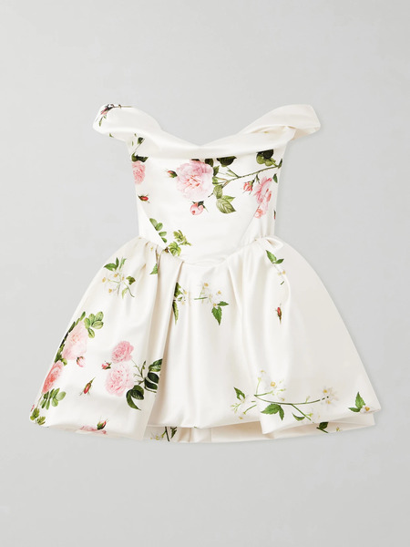  Vivienne Westwood   Bagatelle Off The Shoulder Gathered Floral Print Duchesse Silk Satin Mini Dress   White 