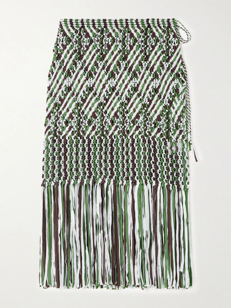  Wales Bonner   Java Fringed Macramé Midi Skirt   Green 