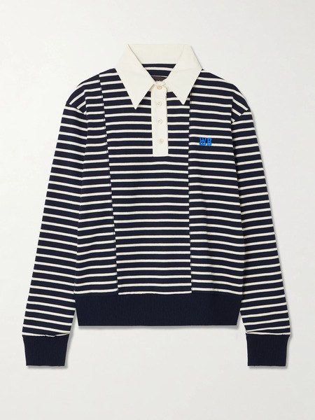  Wales Bonner   Reflect Embroidered Stretch Cotton Poplin Trimmed Striped Cotton Jersey Polo Shirt   Navy 