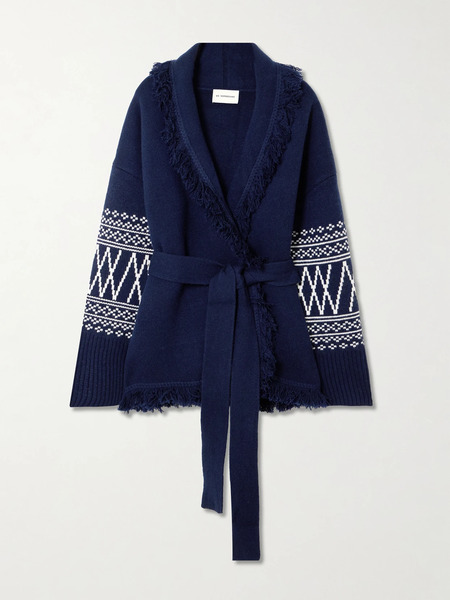  We Norwegians   Setesdal Belted Fringed Intarsia Knit Merino Wool And Cashmere Blend Cardigan   Navy 