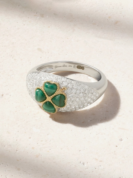  Yvonne Léon   Mini Bague Dôme Trèfle 9 Karat White And Yellow Gold, Malachite And Diamond Ring   Silver 