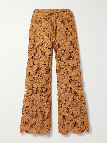  Zimmermann   Coco Belted Guipure Lace Cotton Flared Pants   Camel 