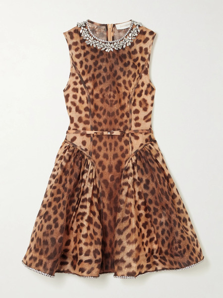  Zimmermann   Crush Crystal Embellished Paneled Leopard Print Linen And Silk Blend Mini Dress   Leopard Print 