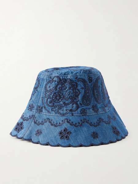  Zimmermann   Embroidered Denim Bucket Hat   Mid Denim 