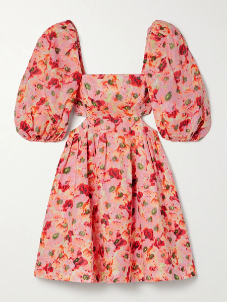  Zimmermann   Lightburst Pleated Cutout Floral Print Linen Mini Dress   Red 