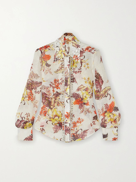  Zimmermann   Matchmaker Crystal Embellished Floral Print Linen And Silk Blend Shirt   Ivory 
