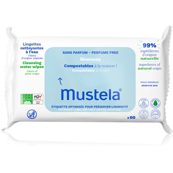  Mustela Compostable At Home Cleansing Wipes Perfume Free Cleansing Wipes Fragrance-free For Children From Birth 60 Pc 