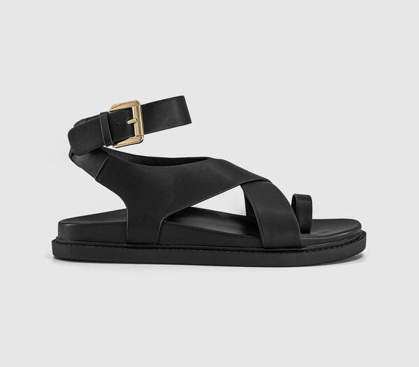  Office Womens Simone Toe Loop Ankle Strap Footbed Sandals Black, 3 