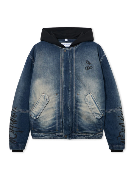  Off White Cherry Hooded Denim Jacket - Male Denim Highlighted Medium M 