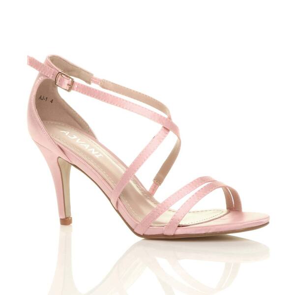  Ajvani Mid Heel Crossed Straps Wedding Bridal Sandals, Pink 