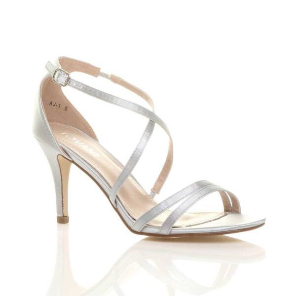  Ajvani Mid Heel Crossed Straps Wedding Bridal Sandals, Silver 